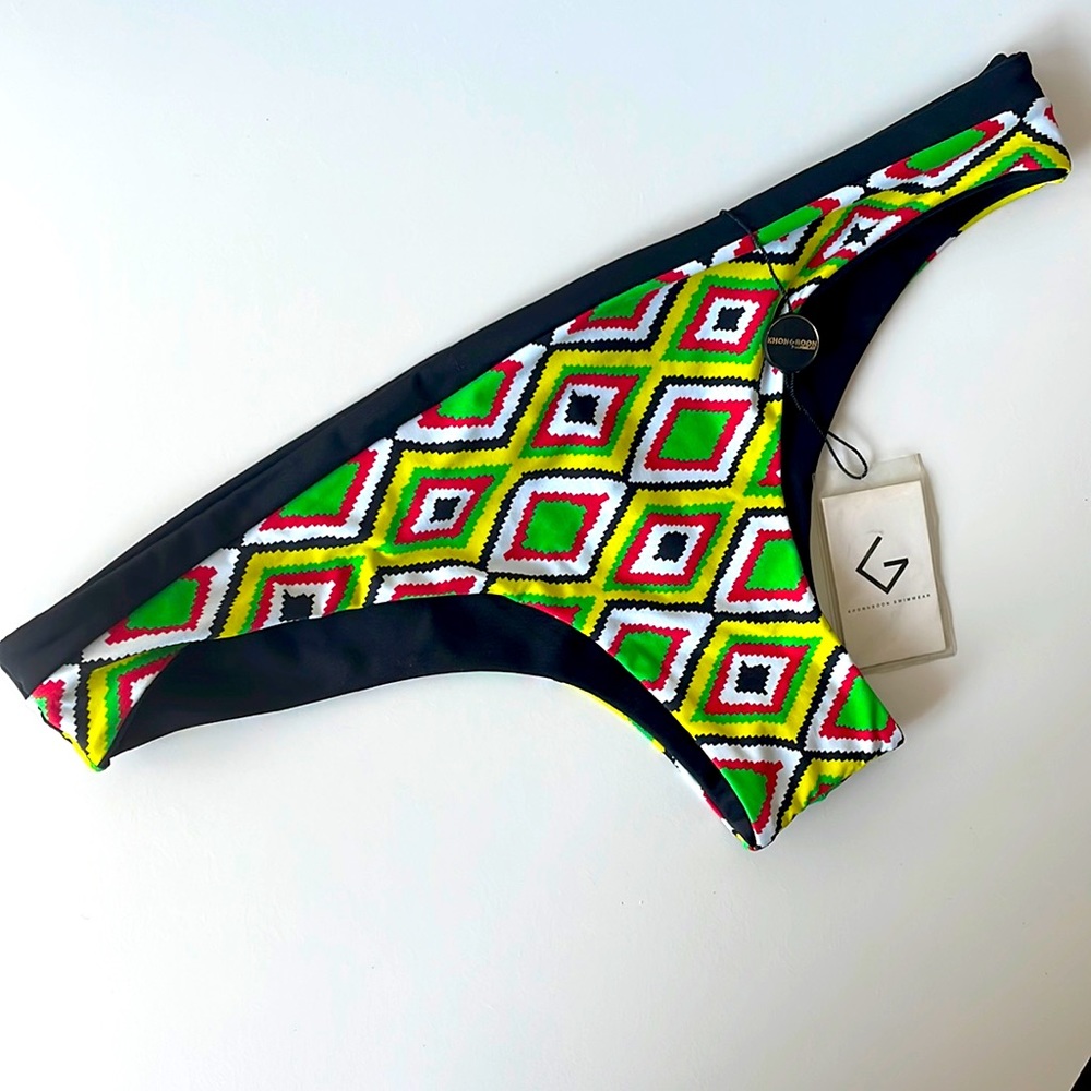 NWT Aztec yellow green tribal print cheeky swim bottom reversible L khongGboon